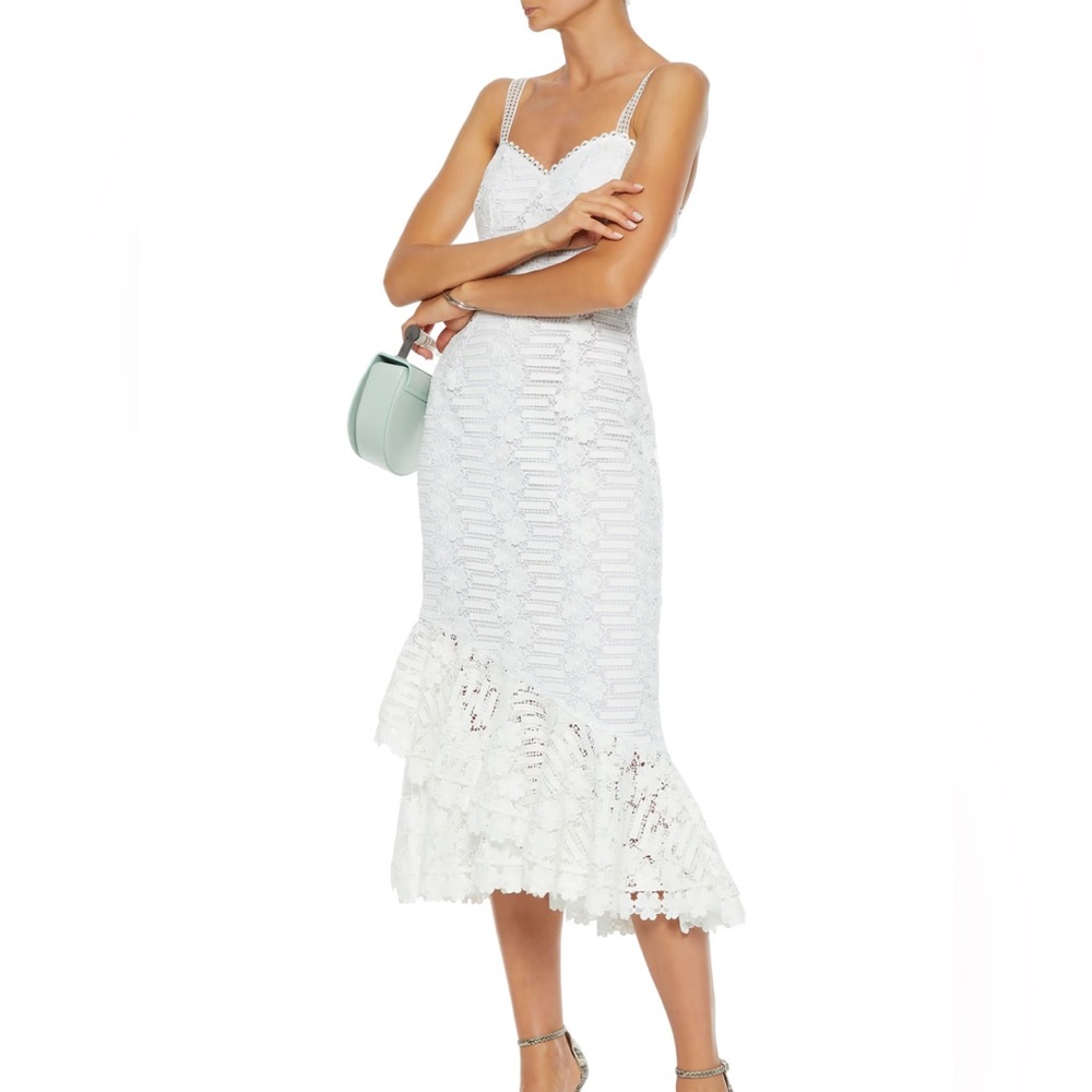 Monique Lhuillier White Lace Midi Dress with Ruffled Hem (Guipure Lace Fluted)